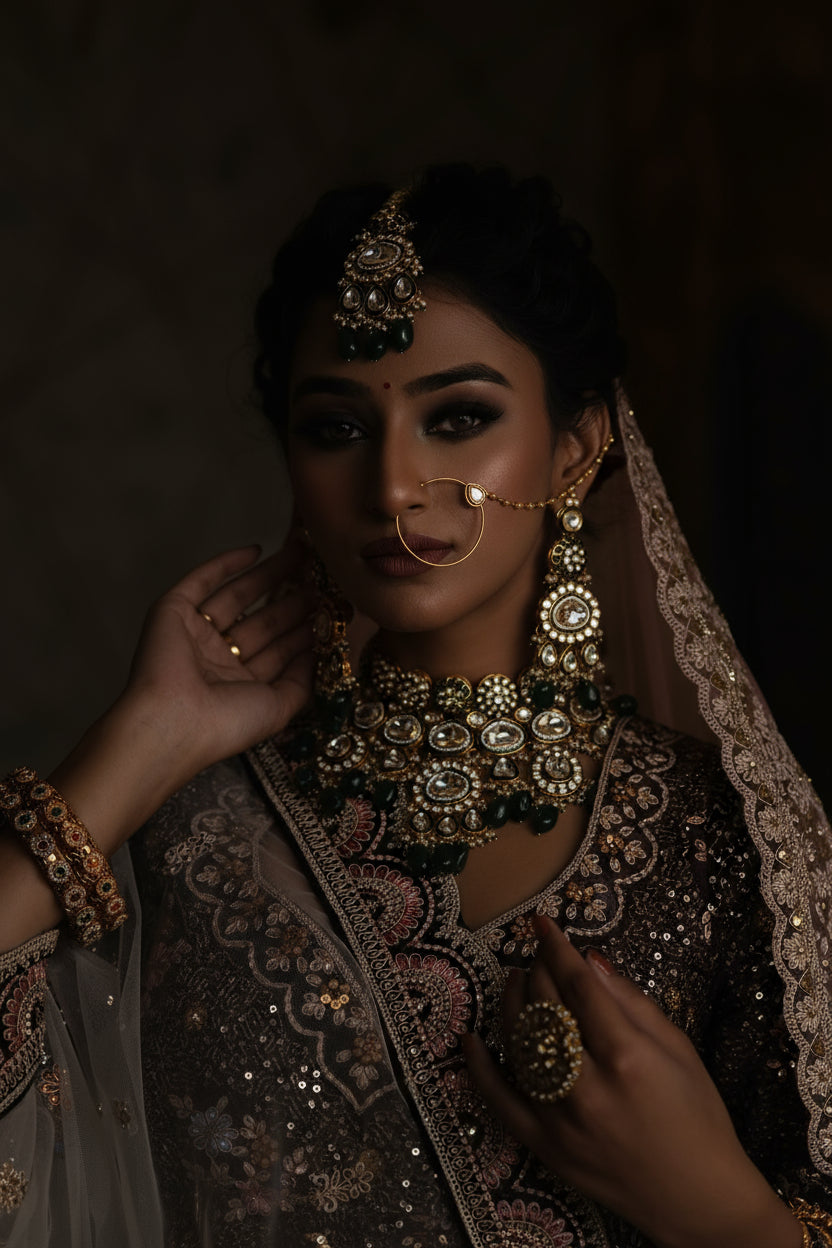 Woman wearing traditional jewelry with a blurred background
